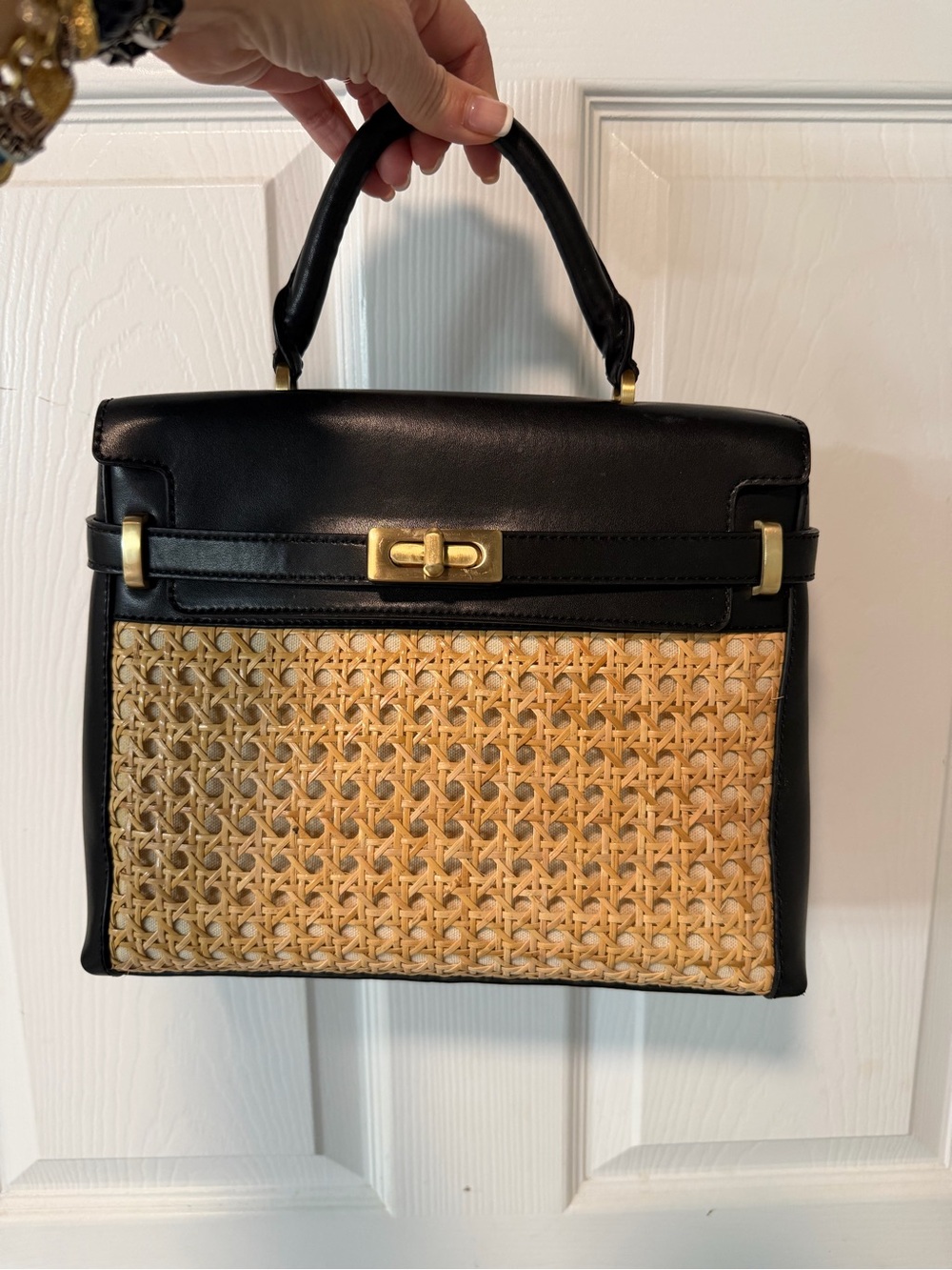 ANTONIO MELANI Black & Natural Woven Top-Handle Satchel